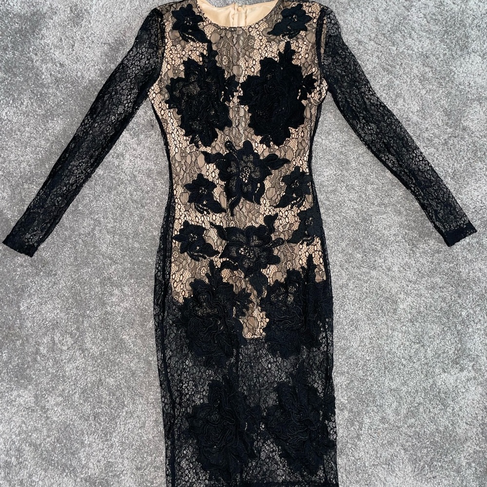 Beautiful Black Mesh Dress with connected tan bodysuit/lining